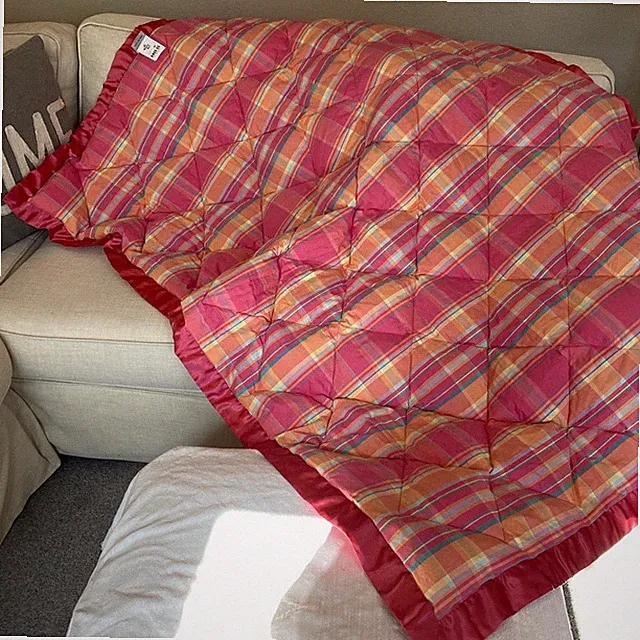 The Company Store Dark Pink Plaid Prima Loft Cotton Throw, Satin Edges 48 x 66