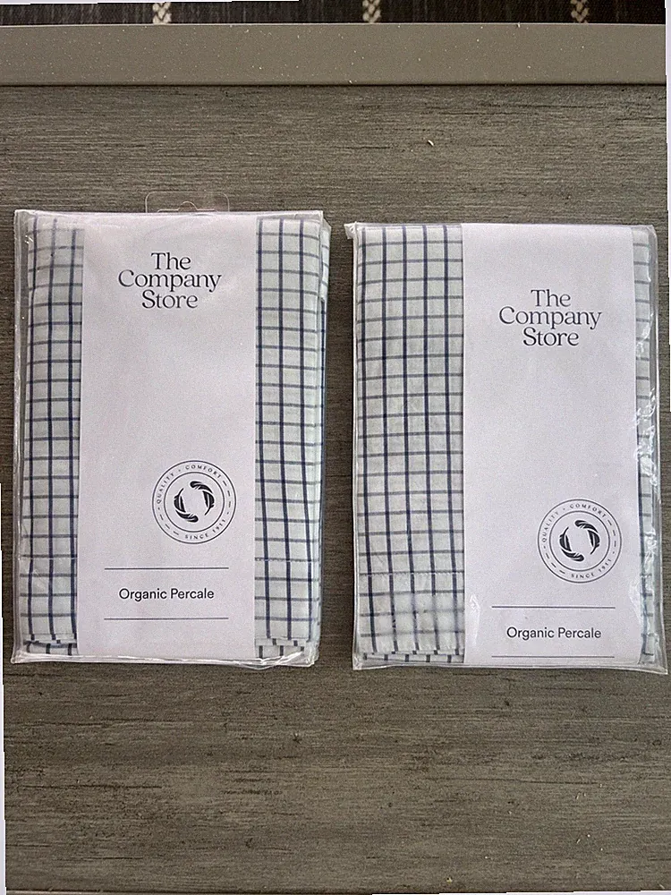 The Company Store Organic Gingham Pillowcases Blue White Check Set of 2 NEW